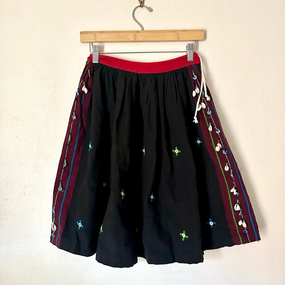 SOLD - Vintage red and black embroidered cotton folk skirt mirrors cowrie shells